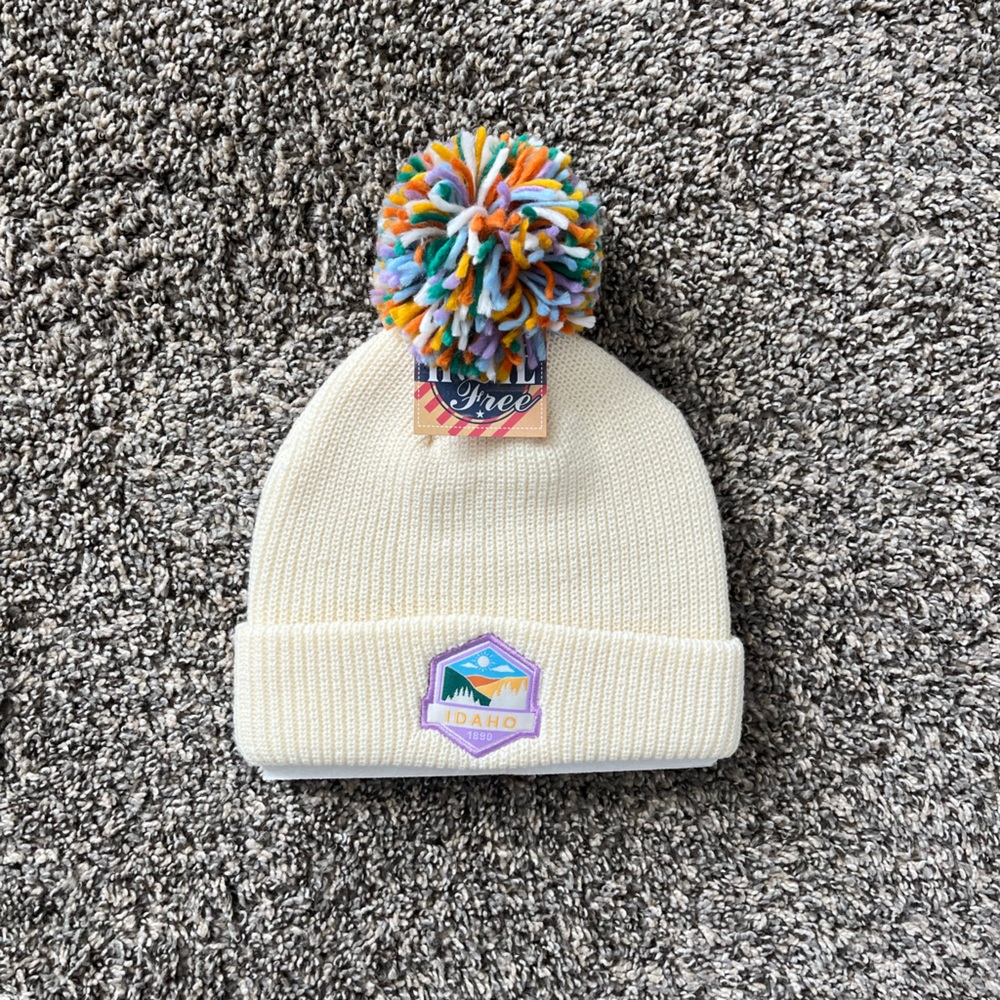 Cream Idaho Decal Beanie with Multicolor Pom-Pom